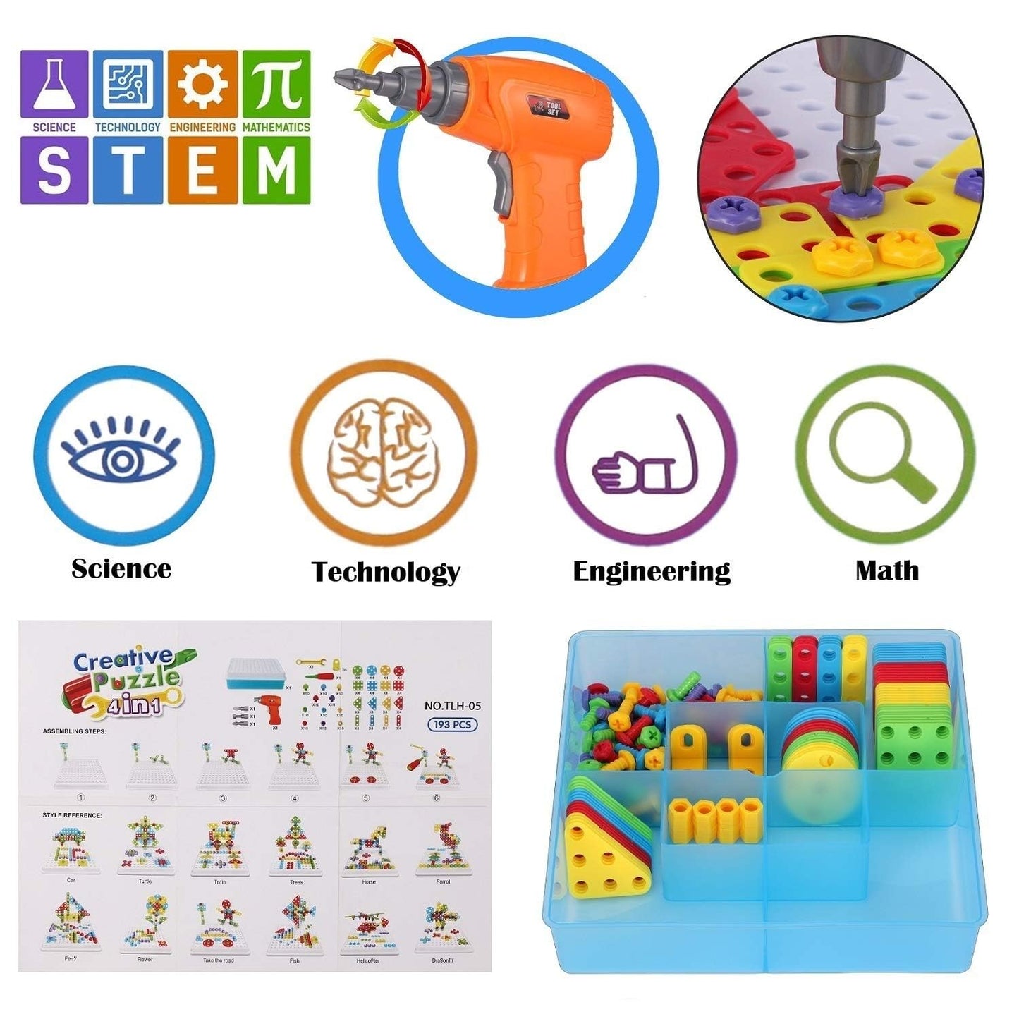 STEM Drill & Build Kit for Kids Ages 3-8 | Electric Toy Drill with 193+ Pieces (Screws, Nuts, Rainbow Fasteners) | Creative Design Construction Toys for Boys Girls | Gift for Birthdays, Christmas