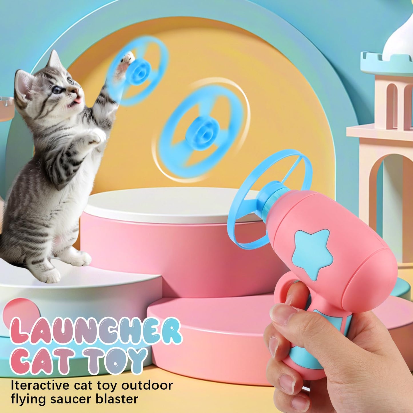 2PCS Bamboo Dragonfly Catapult Launcher, Interactive Cat Fetch Toy Launcher with LED Flying Disc Propeller, Outdoor Flying Saucer Blaster for Pet Exercise & Night Play(Pink+Blue)