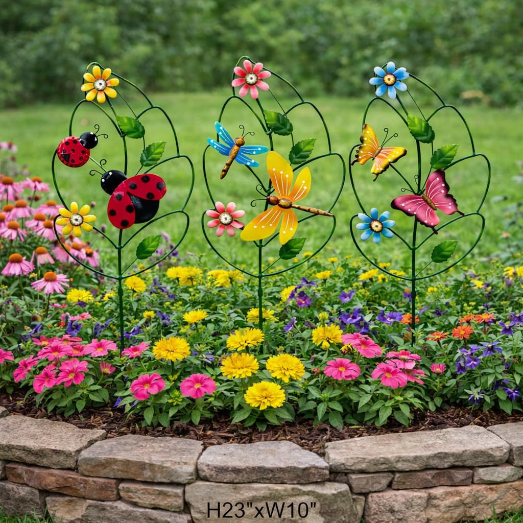 Metal Garden Stakes Set of 3 - Leaf Shaped Plant Support with Butterfly, Dragonfly & Ladybug, Whimsical Yard Art Garden Decorations for Outdoor Lawn Patio Pathway