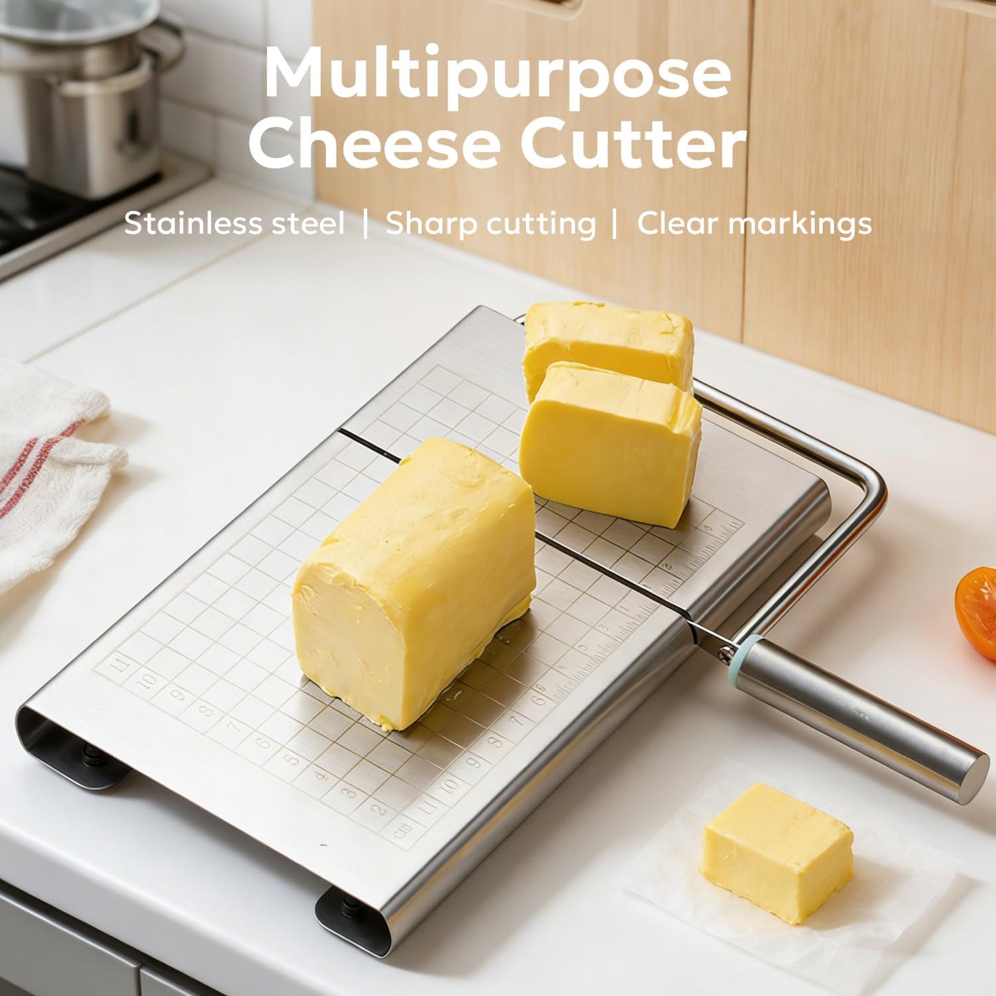 Multipurpose Stainless Steel Cheese Cutter, Bread Slicers with Precision Grid Scale and Anti Slip Base for Block Cheese, Butter, Bread, Sausages, Fruits, Kitchen Gadget Cheese Cutting Board