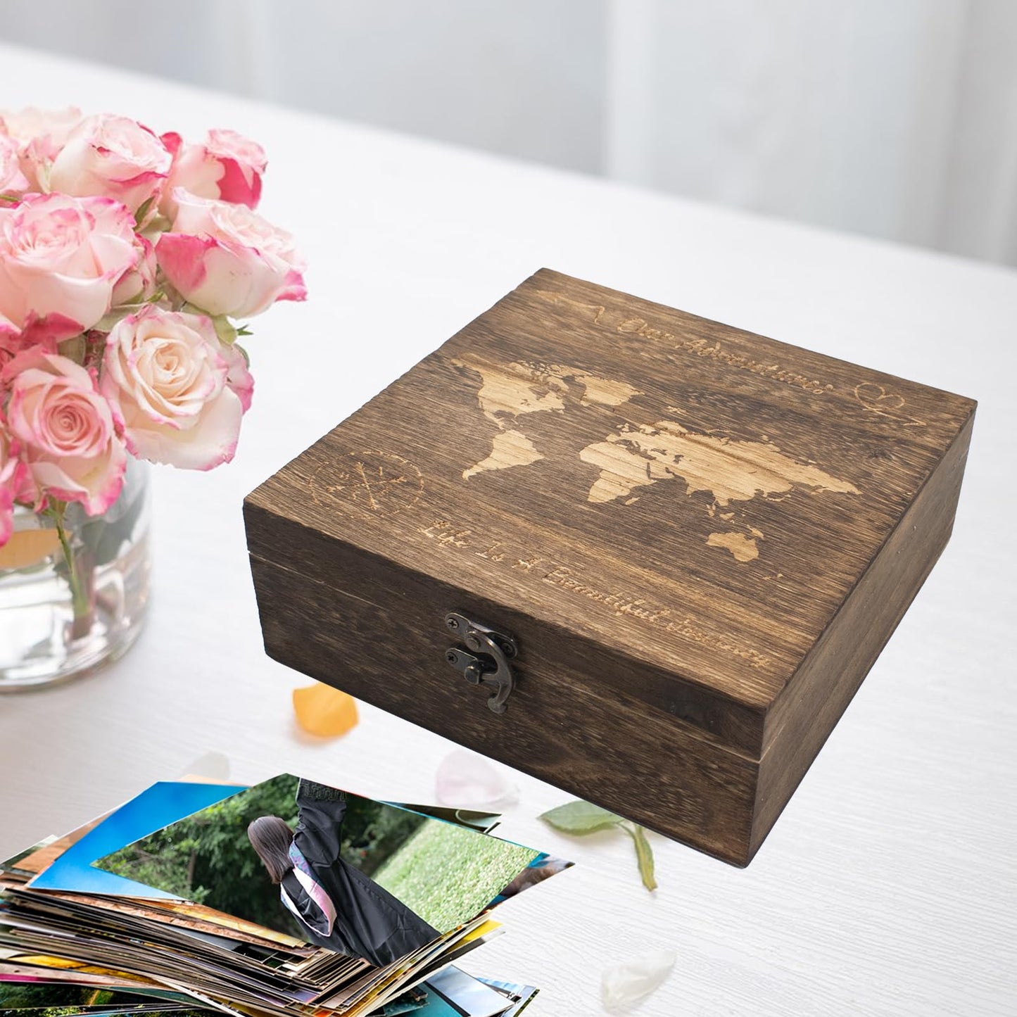 QoTang Our Adventures Box, 7.7 x 7.7 x 2.7 Inches, Decorative Wooden Keepsake Box Memory Box with World Map Background Engraved Wood Box with Lid Unique Gift Ideas Wedding Engagement Gift
