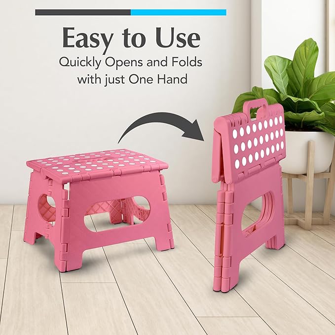 Handy Laundry Folding Lightweight Step Stool - Sturdy Enough to Support Adults and Safe Enough for Kids - Opens Easy with One Flip - Great for Kitchen, Bathroom or Bedroom (Pink - 9 Inch)
