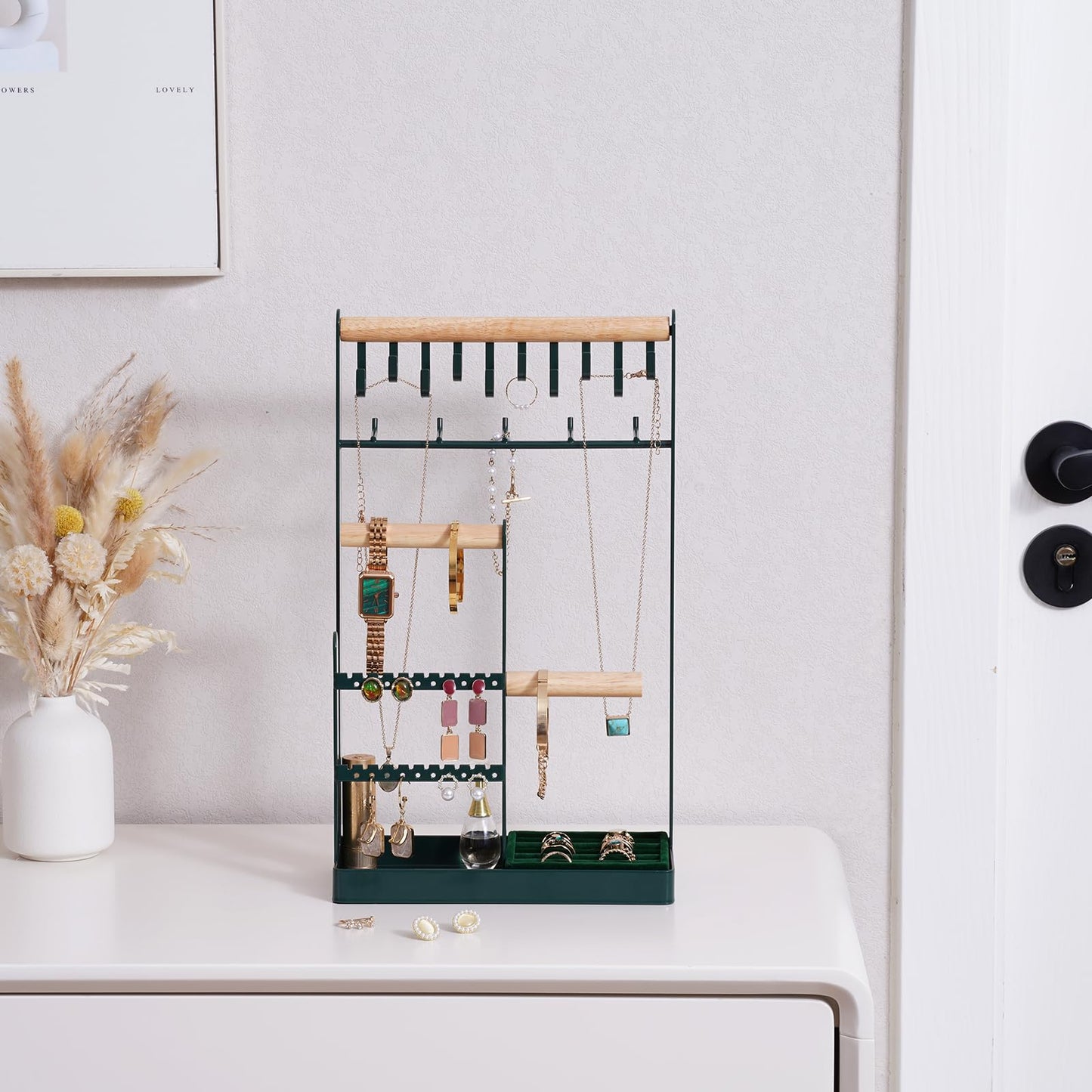 ProCase Jewelry Stand Holder Organizer, 5-Tier Necklace Holder with Ring Tray, 15 Hooks Necklaces Hanging Small Jewelry Display Storage Tower Tree for Bracelets Earrings Watches -Large, Green