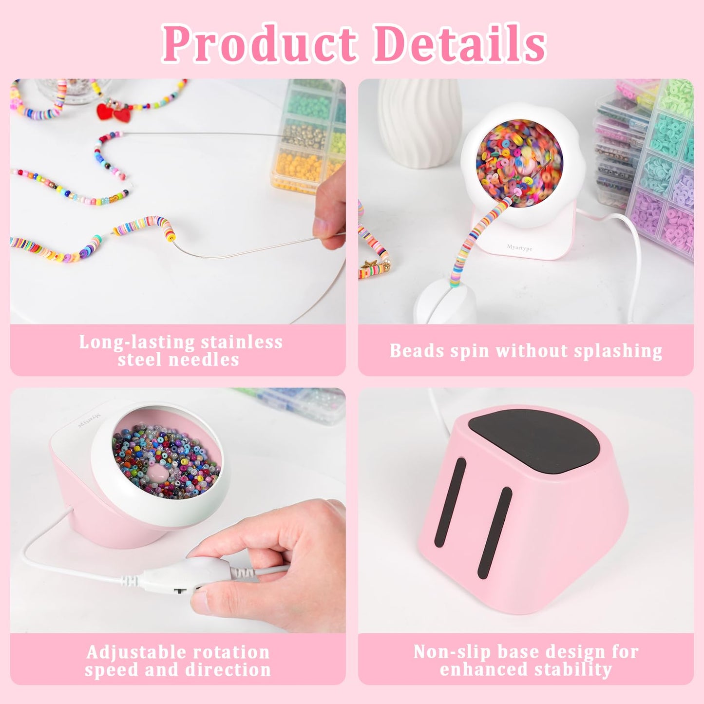 Myartype Clay Bead Spinner and Seed Bead Spinner, 2-in-1 Electric Bead Spinner for Jewelry Making, Bracelet Spinner and Necklace Making Machine with Bead Needles and Thread (Pink)
