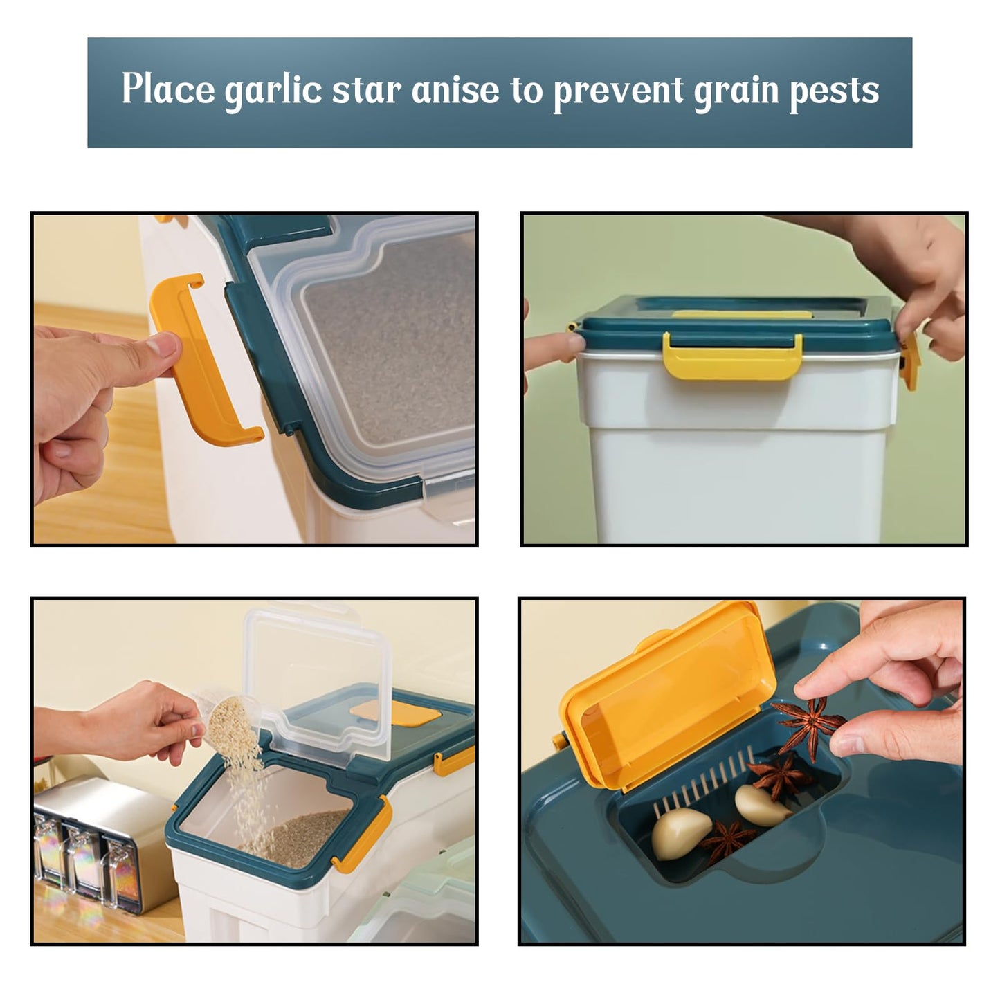 Begino Large Flour Storage Container Bin 50lb, 2Pack Airtight Rice Storage Containers with Wheels Seal Locking Lid, BPA Free with Measuring Cup&Scoop for Flour, Rice, Grain(Blue)