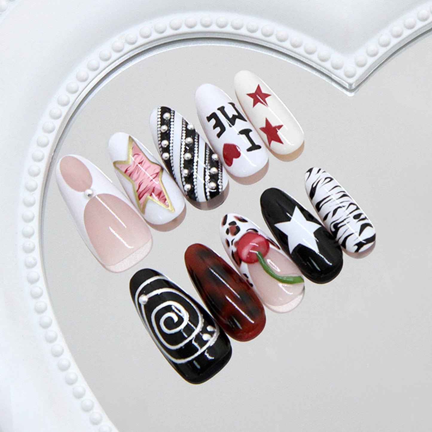 30Pcs Medium Almond Press on Nails Leopard French Fake Nails Heart Cherry False Nails Zebra Stripes Acrylic Stick on Nails Black Stripe Full Cover Y2K Star Glossy Gel Artificial Glue on Nail for Women