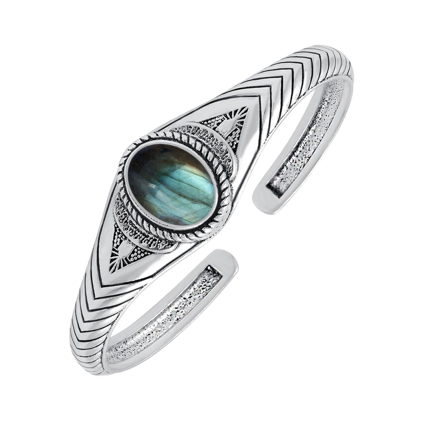 Labradorite Cuff Bangle Bracelet for Men Women – Handmade 925 Silver Plated Adjustable Boho Jewelry – Natural Gemstone Elegant Statement Bangle – Christmas Gift for Him Her
