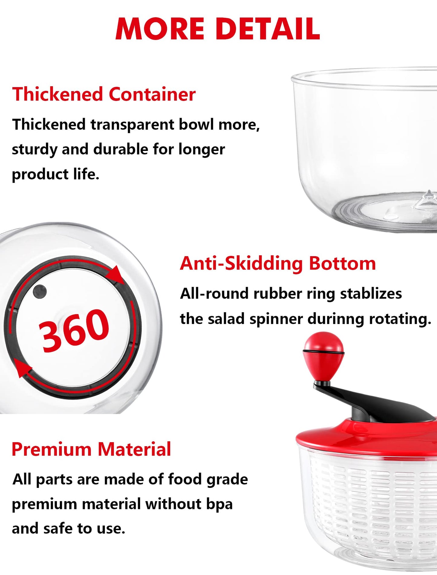 Salad Spinner Large 5L Capacity, Easy to Clean Lettuce Spinner with Bowl, Vegetable Washer Dryer Dishwasher Safe Ideal for Vegetables and Fruits without BPA, Large 4.5 Quart