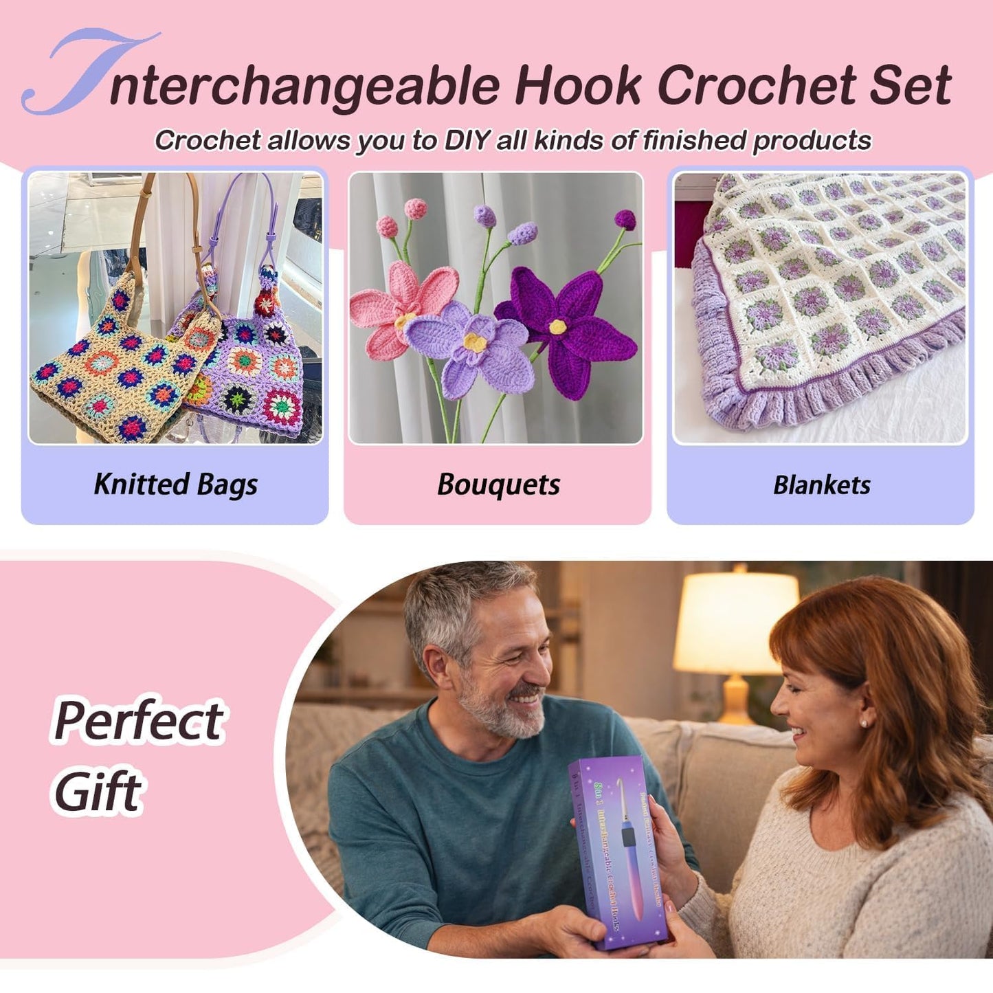 Yarniss Large Size Crochet Hook Set with Ergonomic Grips 7.0~14mm, Interchangeable Crochet Head with Gradient Screw-On Handle for Chunky Yarn