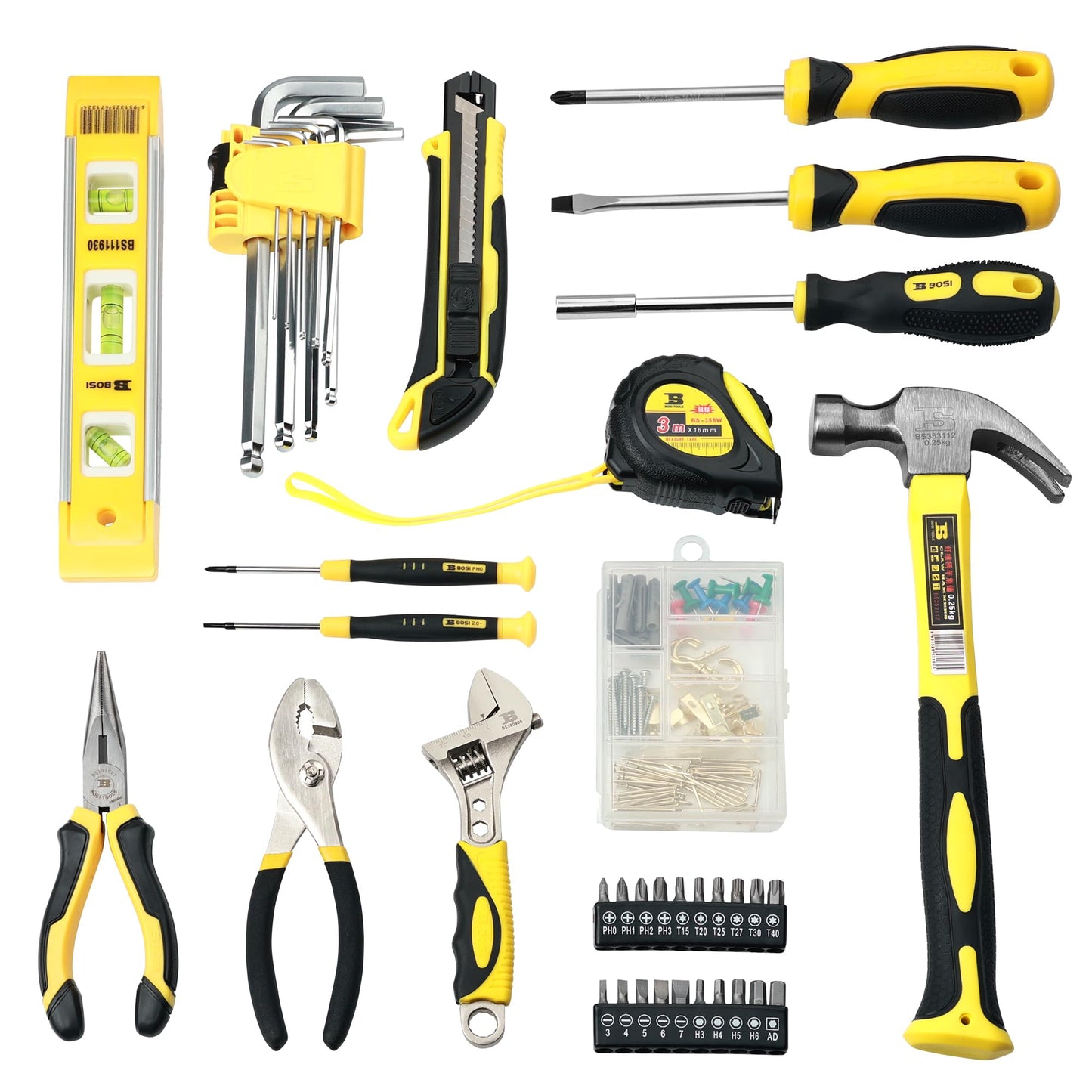 B BOSI TOOLS 142 PCS Tool Set, Home Repairing Tool Kit with 13-Inch Wide Mouth Open Storage Tool Bag, Portable Home Tool Kit Including Hammer, Screwdriver, and Household Tools