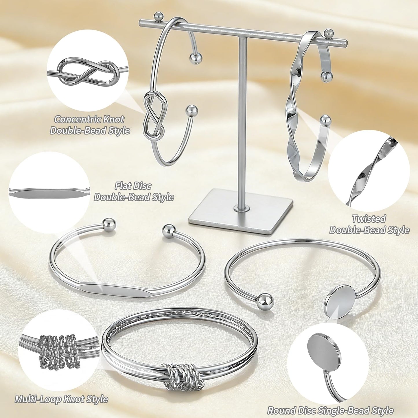 VEINARDYL Silver Bracelets set for Women, Silver Plated Bangles Cuff Bracelets Stack, Open Adjustable Bangles Fashion Accessories Jewelry Set for Gifts Birthday Valentines Day