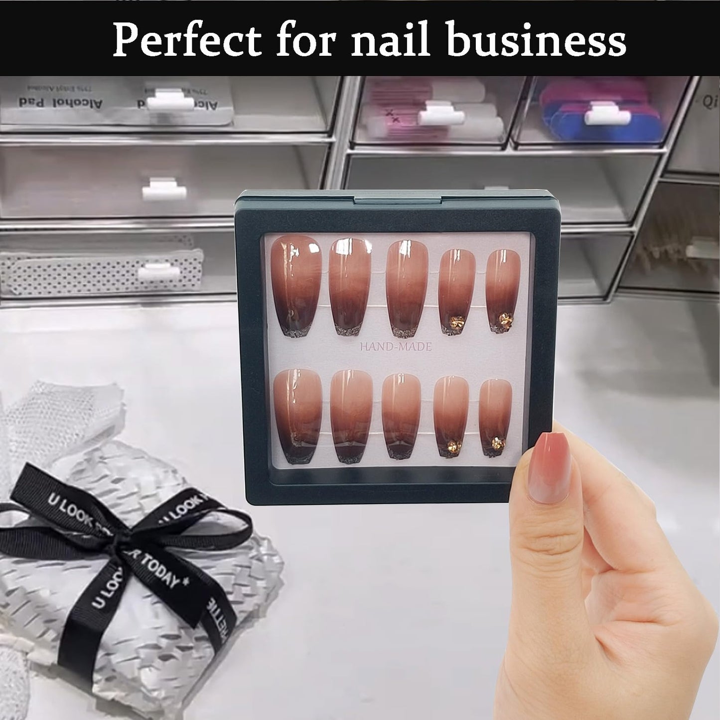 GUXACU Press On Nail Packaging Boxes 3D Floating Press On Nail Storage Box Nail Display Box with 60pcs Double Sided Adhesive Nail Display Tape for Nail Tech (Black, 3.5 inch)