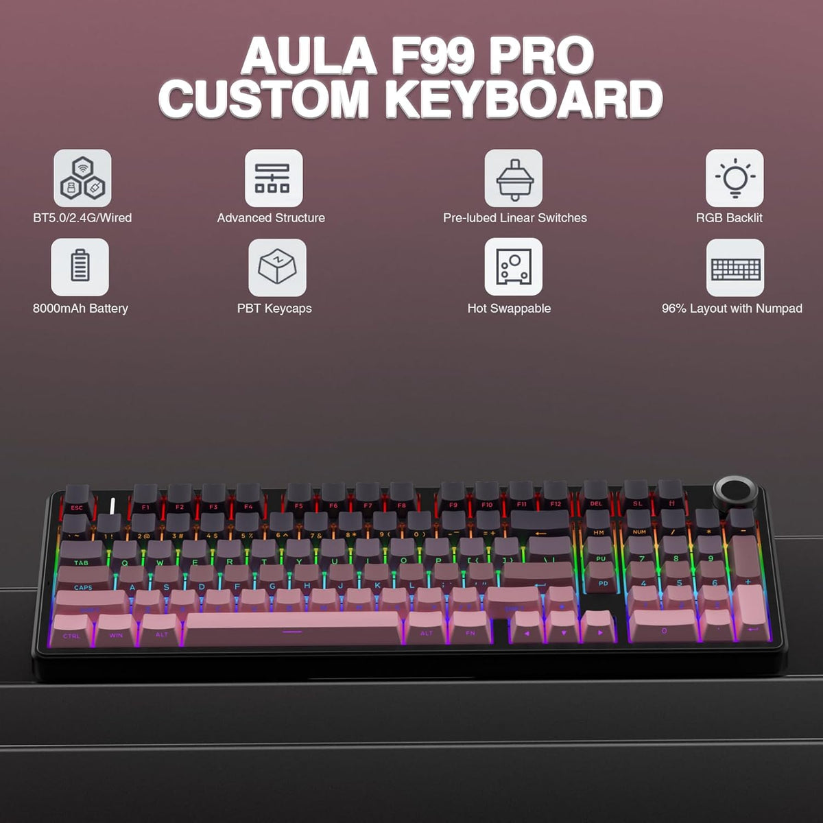 AULA F99 Pro Wireless Mechanical Keyboard with Knob,Tri-Mode BT5.0/USB-C/2.4GHz Hot Swappable Keyboard,Pre-lubed Switches,RGB Backlit Computer Gaming Keyboards