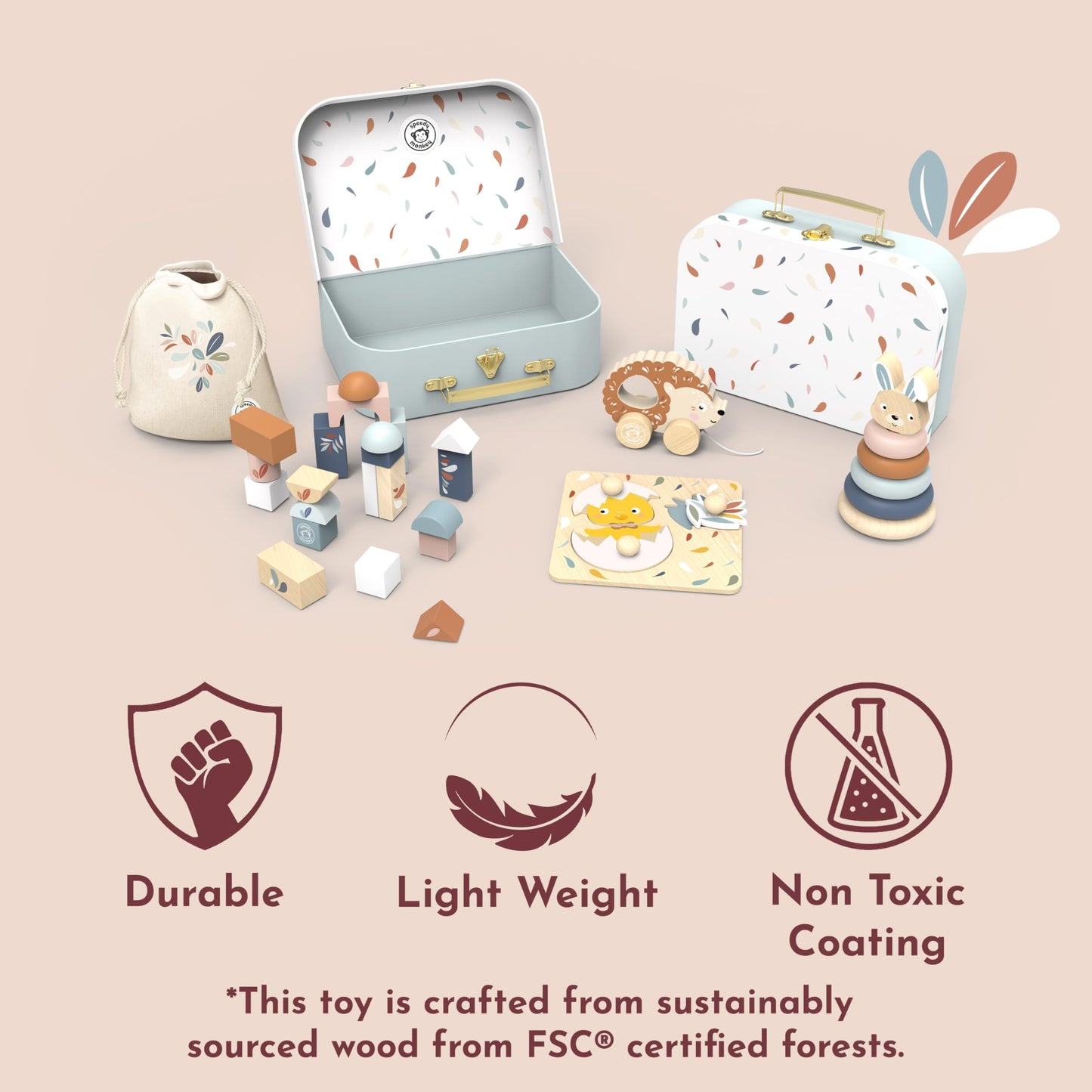 SPEEDY MONKEY Montessori My First Toy Box for Early Learning | Wooden Nursery Toy Set with Blocks, Stacking Rabbit, Chick Puzzle & Pull-Along Hedgehog | for Kids Ages 1+