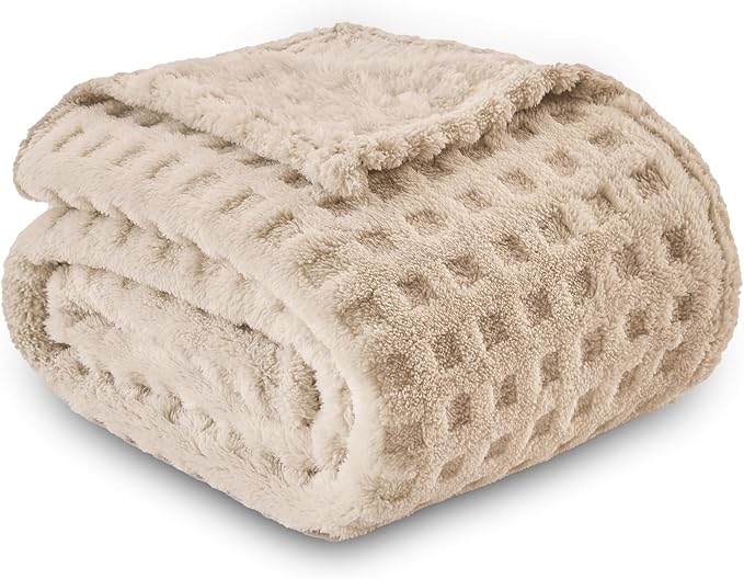 NEWCOSPLAY Super Soft Throw Blanket Linen Premium Silky Flannel Fleece 3D Waffle Checkered Lightweight Bed Blanket All Season Use (Linen, Throw(50"x70"))
