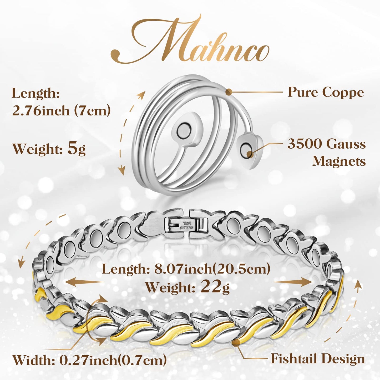 Lymph Detox Magnetic Bracelet for Women, Titanium Steel Magnetic Bracelet with Fishtail Design, Magnet Therapy Bracelet & Lymphatic Drainage Ring-Jewelry Gift Set with Adjustment Tool