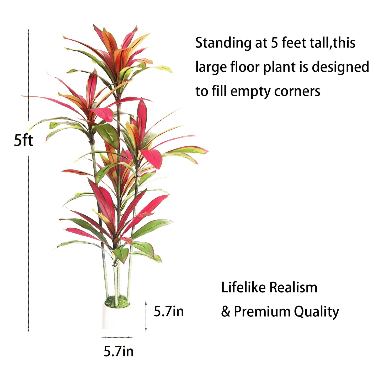 Artificial Dracaena Tree Red 5FT - Faux Trees Indoor with Natural Leaver and Resin Trunk- Large Floor Fake Trees for Living Room, Office Decor