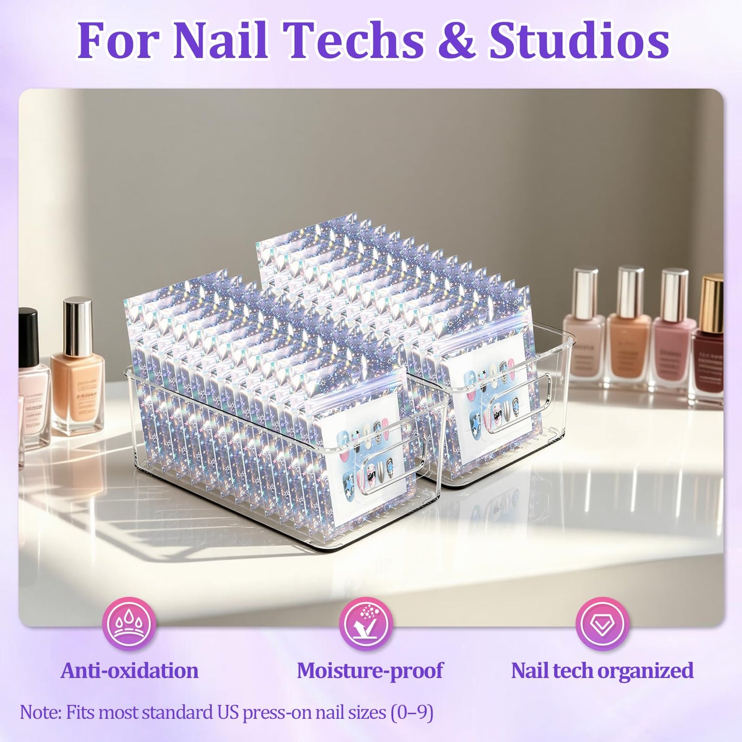 Raisetip 100PCS Press on Nail Packaging Bag, 100PCS Display Card with 231 Pcs Pre-cut Adhesive Tape & Diamond Art Pens & Glue Clay & Tweezers, 6-in-1 Set for Nail Display (Laser star)