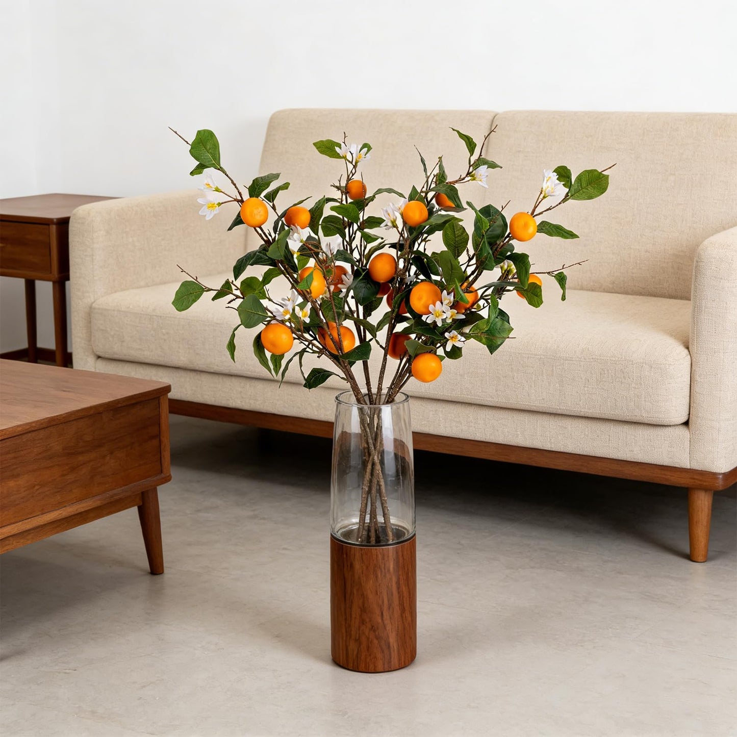 2PCS 37.8Inch Artificial Tangerine Branches Artificial Orange Branches Fake Orange Stem 10 Fruit with 20 White Flowers Long Stem for Home Party Wedding Office Thanksgiving Indoor Outdoor Decor