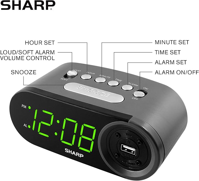 Sharp Digital Alarm Clock with 2A USB Charging and Green LED Display | 2A high-speed USB port; Easy-read green LEDs; Simple controls; Phone or tablet charging; Black