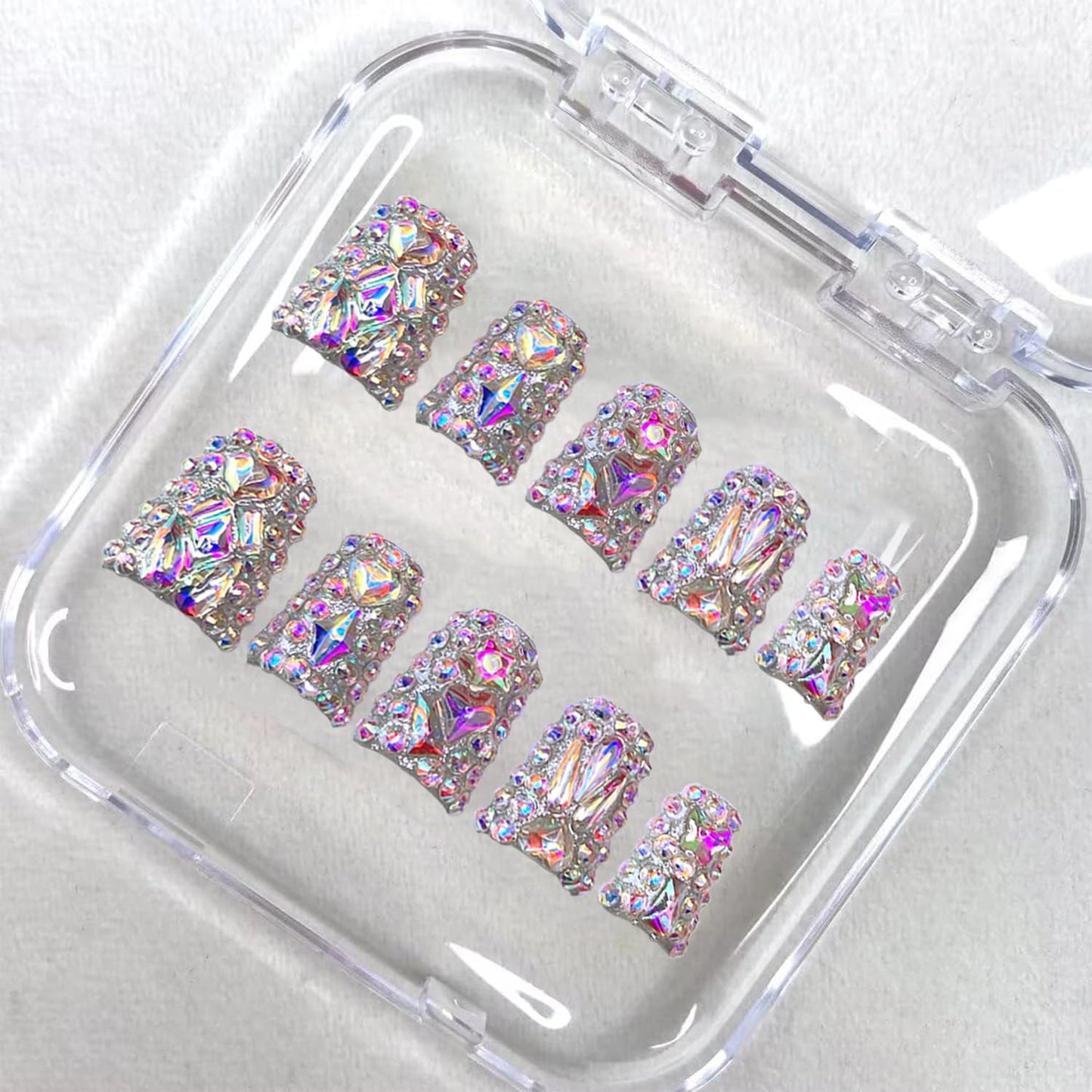 Handmade Press on Nails Medium Square Fake Nails Press Ons Colorful Light Glitter Luxury Rhinestone Full Cover Stick on Nails Gorgeous Glue on Nails for Women Girls (Gem Glitter S)