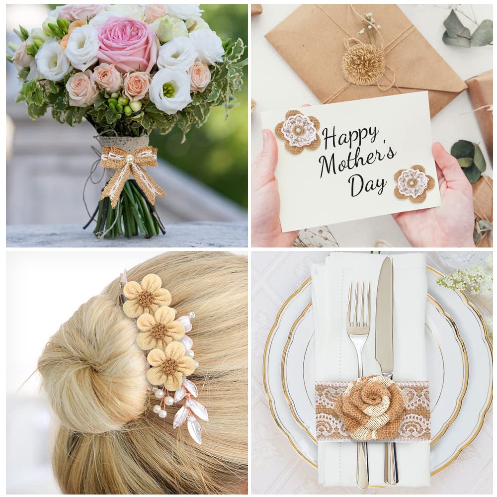 LEOBRO 33PCS Handmade Burlap Flowers Set, 8 Styles Rustic Artificial Flowers & 3 Styles Craft Burlap Lace Pearl Bowknot, for Wedding Home Decoration Christmas Party DIY Craft Bouquets