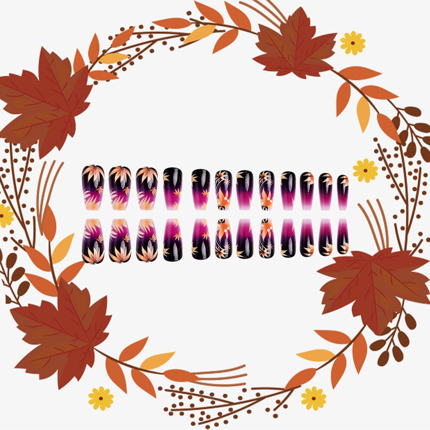 CJDLTS Autumn Press on Nails Medium Ballet Artificial Acrylic Fake Nails Gradient Maple Leaf Design Stick on Nail Full Cover Thanksgiving False Nail Artificial Fingernails for Women Festival Manicure