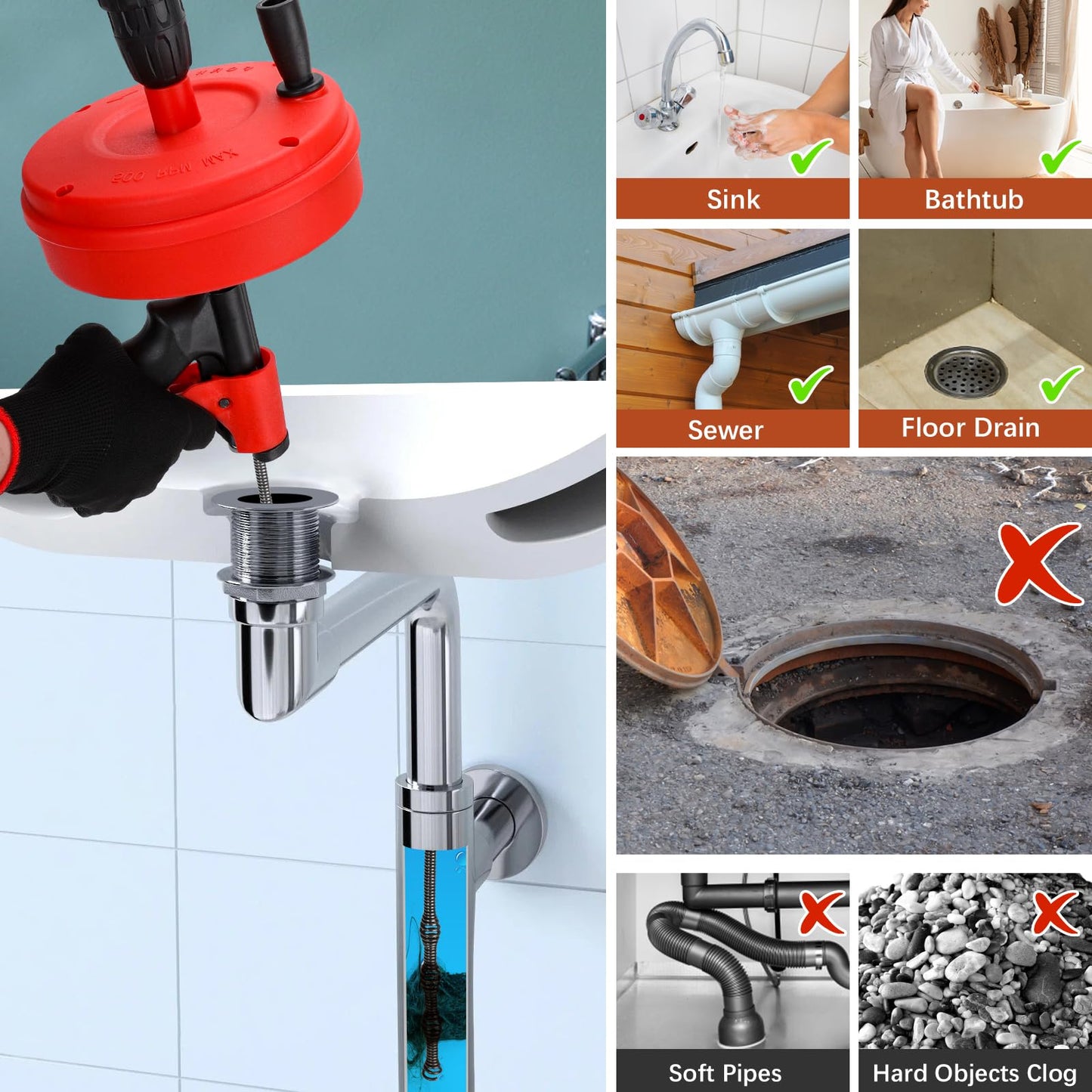 50 FT Double Mode Drain Snake Tools, 11-in-1 Drain Auger for Sink and Drain Unblocking, Plumbing Snake for Kitchen, Bathrom and Shower Sink, Drain Clog Remover for Real DYIs