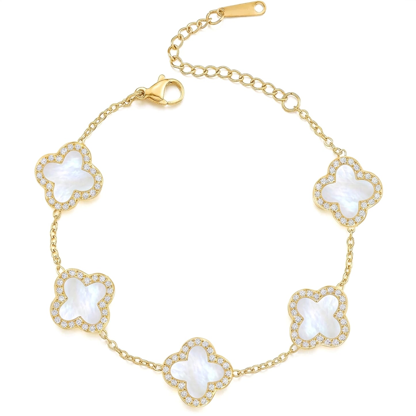 SHINYY Four Leaf Clover Bracelet for Women | 18K Gold Plated Cubic Zirconia Link Bracelet | 4 Leaf Lucky Jewelry Gift for Her (White Gold)
