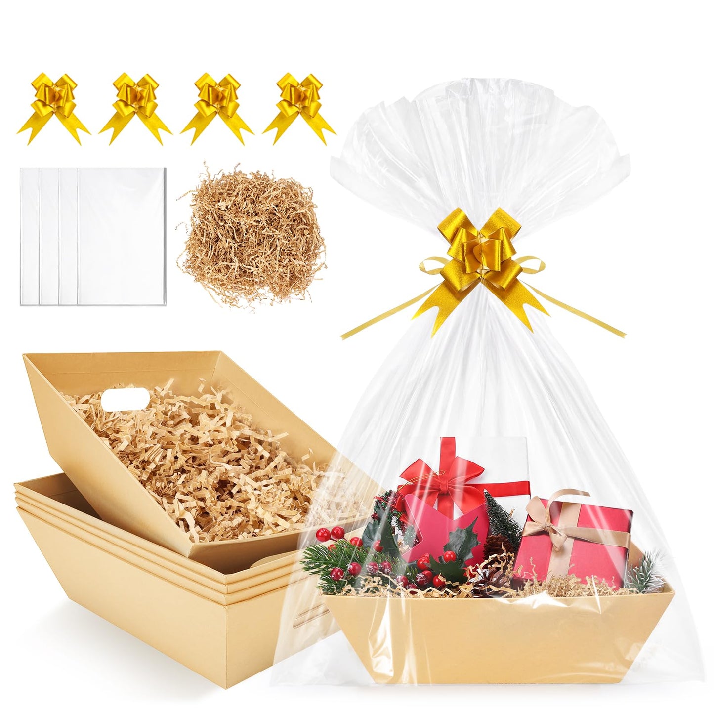 EVELOMO 5 Pack Empty Gift Baskets to Fill - 12" x 10" Large Baskets for Gifts Empty, Sturdy DIY Gifts Baskets Sets with 200g Crinkle Cut Papers for Birthdays Weddings Parties and Holidays (Kraft)