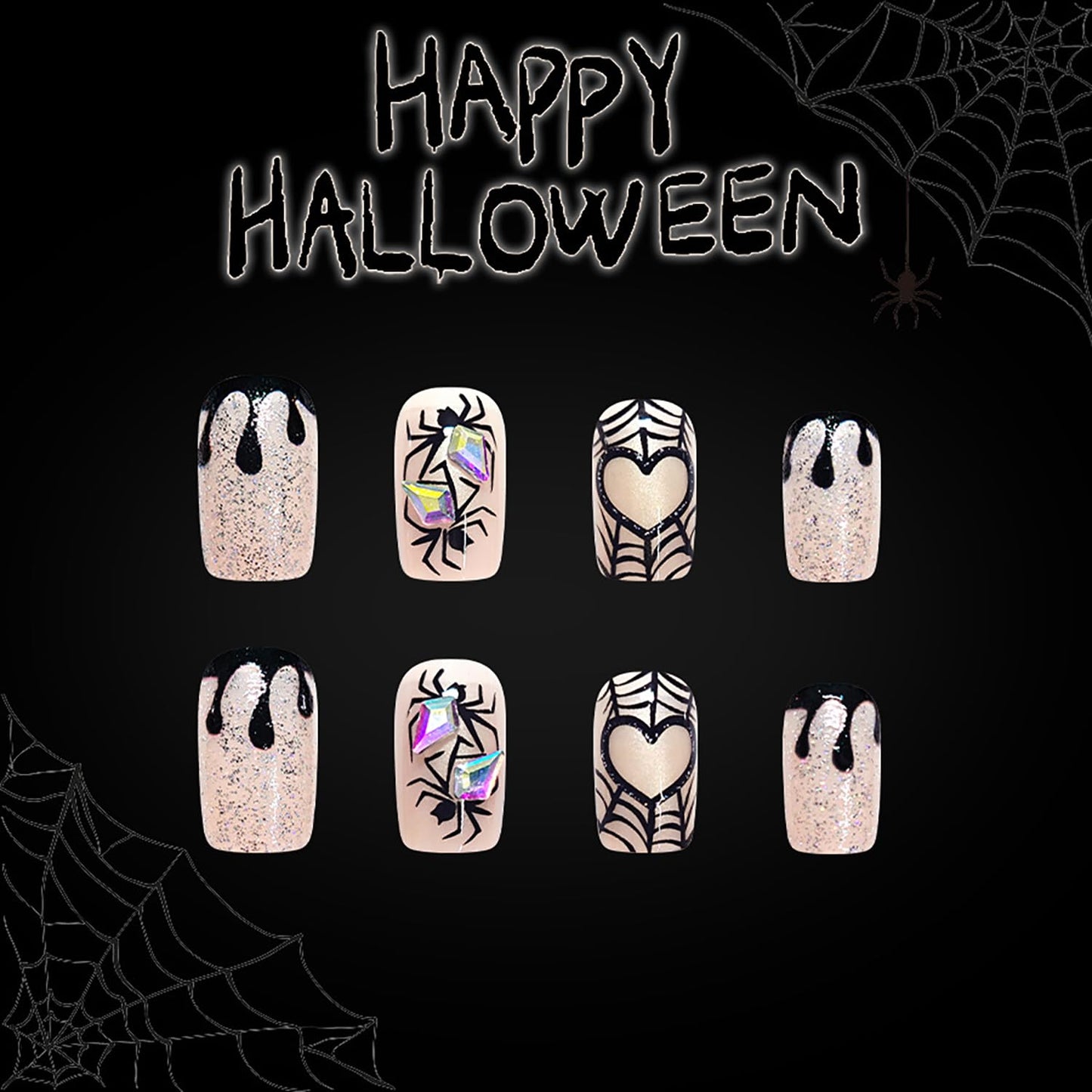 Halloween Press on Nails Medium Square Glitter Powder Heart Spider Web False Nail Acrylic Artificial Fingernails Spider with Rhinestones Design Full Cover Festival Stick on Nails for Women Supplies