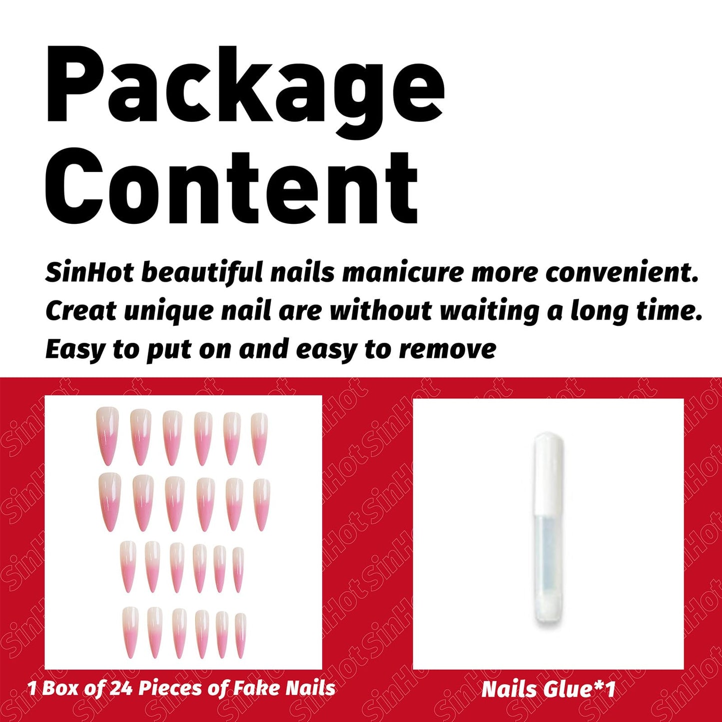 SINHOT Stiletto Press on Nails Long Fake Nails Glossy Glue on Nails Pink White Ombre Acrylic Nail Almond Artificial Nail Stick on False Nail with Design 24 pcs