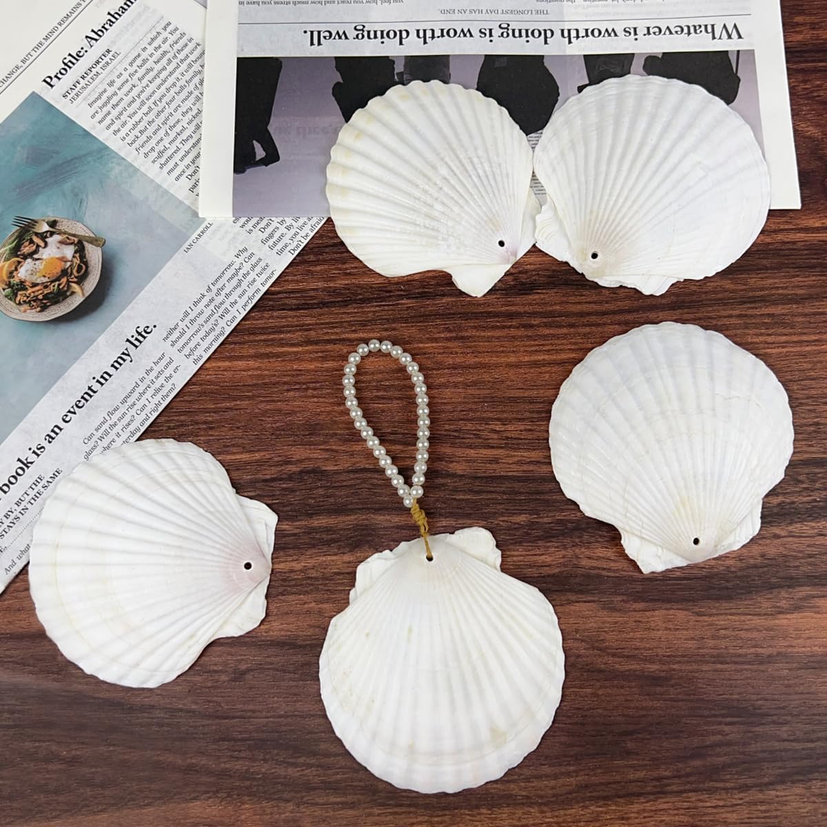 10PCS Large Scallop Shells for Crafts 4"-5" Natural White Shells with Rope,20PCS Decoupage Paper Napkins,Brushes,Gold & Silver Paint,Gold Bead & Pearl for Beach Seashells DIY Hanging Home Party Decor
