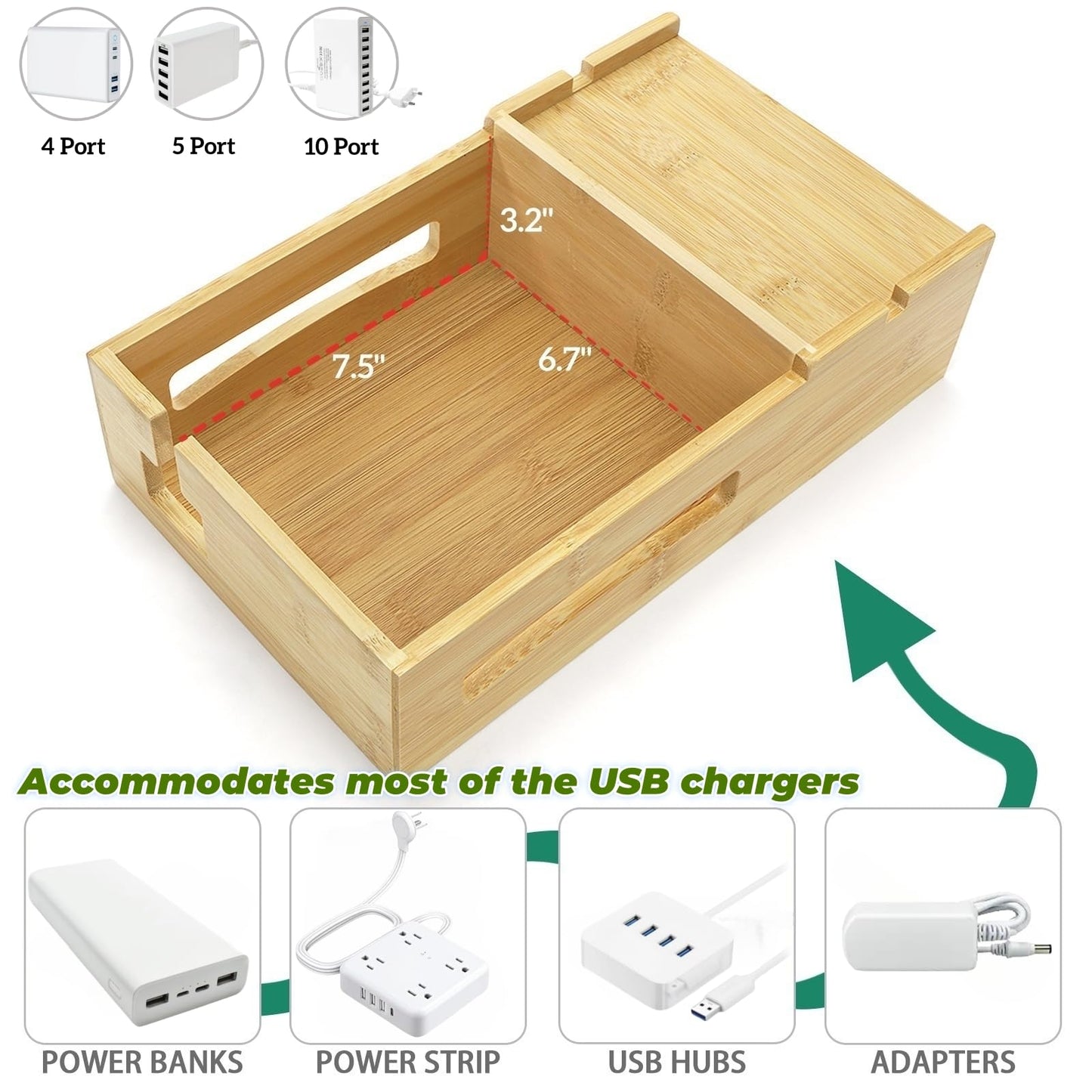 ZOOFOX Bamboo Charging Station for Multiple Devices, Desk Docking Station with Removable Divider Slots and Drawer, Bedside Charging Station Compatible with Smartphone, Tablet, Laptop, Earphone