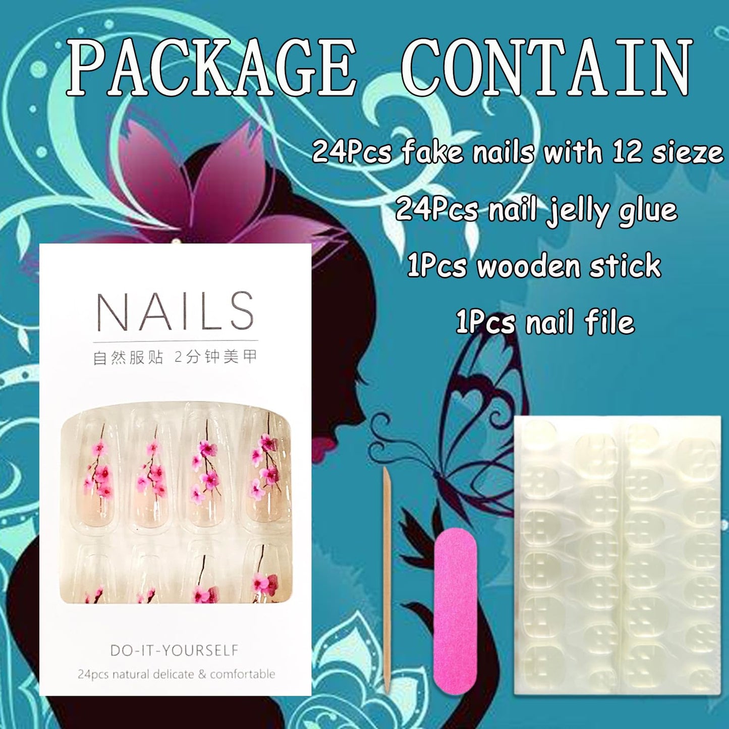 EYZOTSF Press on Nails Medium Square Shaped Acrylic Medium Square Shaped False Nails with Designs Artificial Short Coffin Fake Nails with Charms Glue ons Fingernails for Women Girls(XA11460)