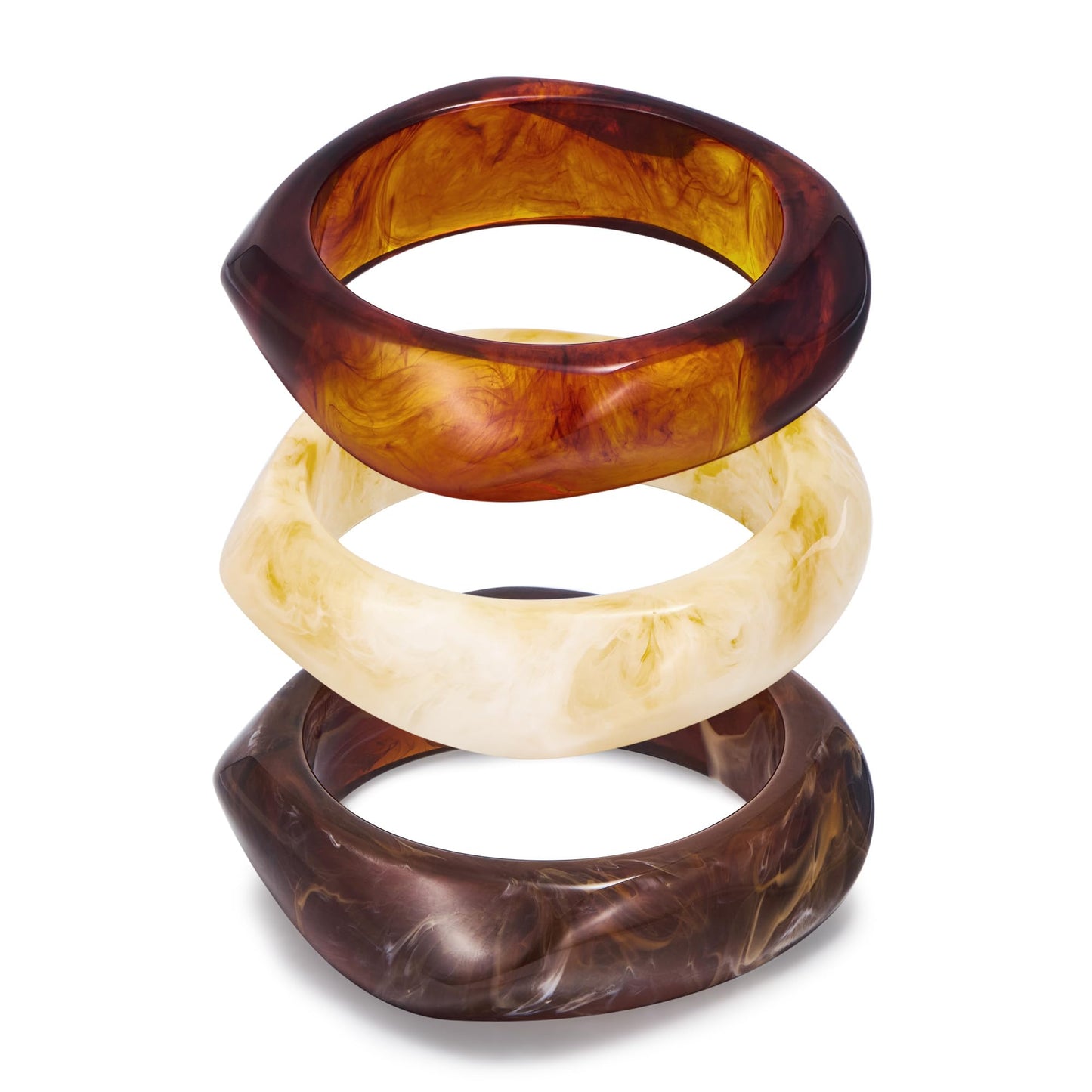 ENSKEFEN 3PCS Chunky Acrylic Resin Bangle Bracelet Set for Women Wide Retro Cream Brown Acrylic Bangles Stackable Statement Geometric Resin Bracelets