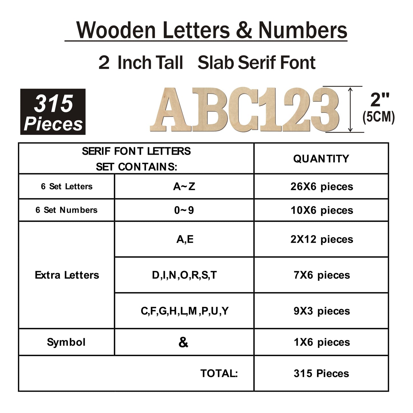 2 Inch 315 Pieces Wooden Letters & Numbers for Crafts Unfinished Wood Alphabet ABC & Numbers 0-9 for Wall Decor