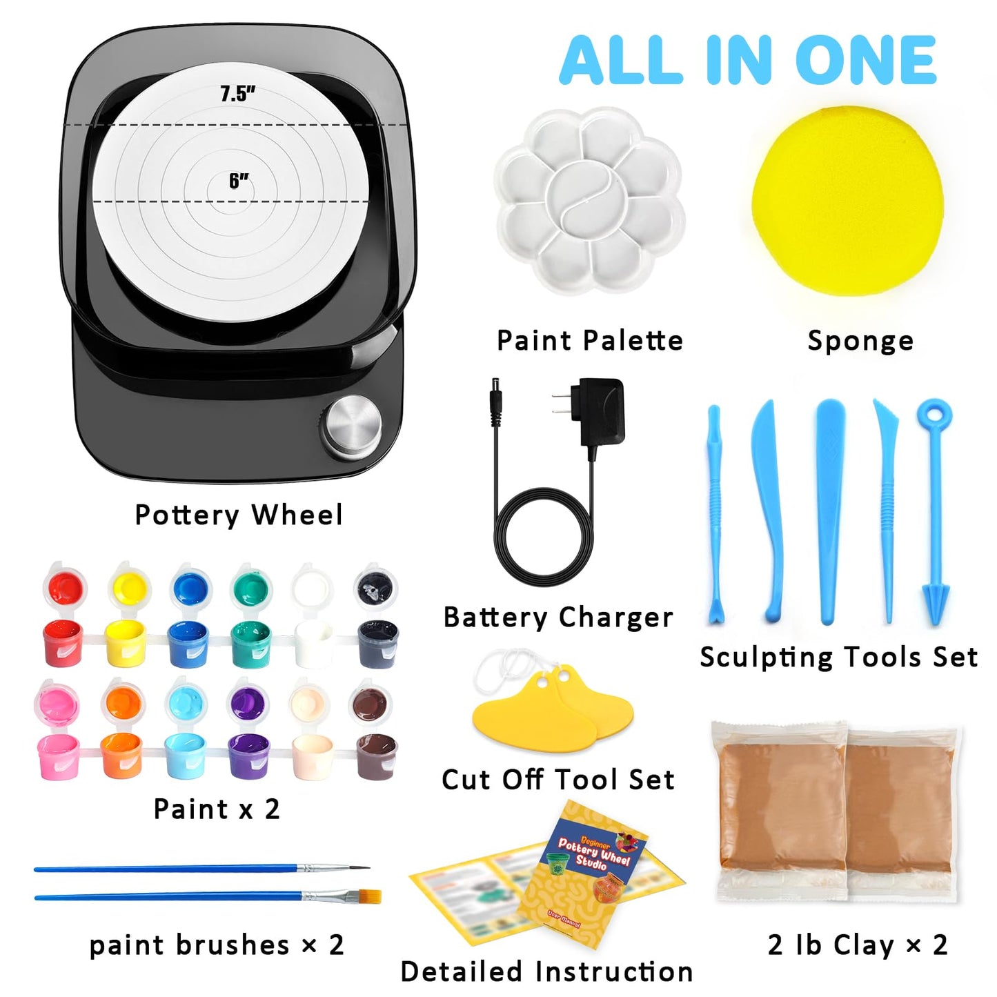 Pottery Wheel for Kids - Complete Pottery Kit & Tools for Beginners, Plug-in Rechargeable Battery, Upgraded Detachable Turntable Adjustable Speed, DIY Clay Maker for Kids 9-12 (Black, Patented)