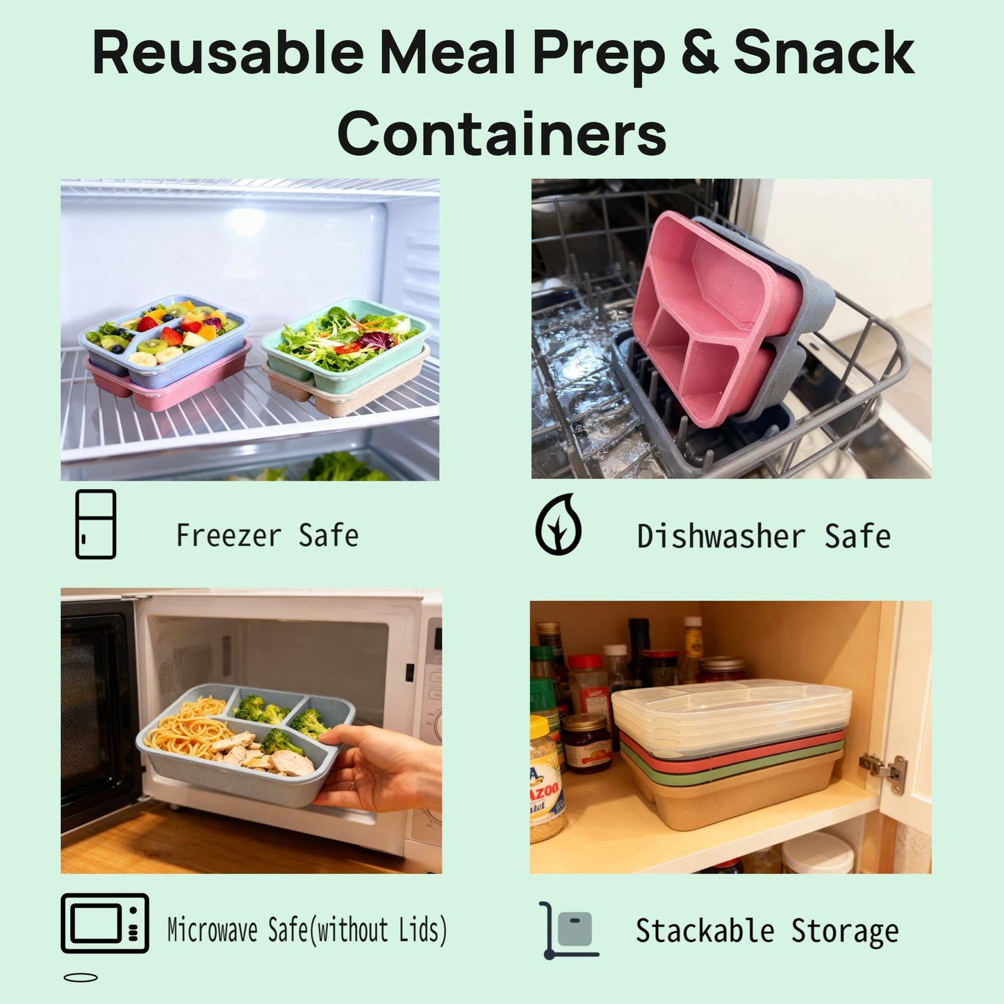 Bento Lunch Box 4-Compartment for Adults 4 Pack – Reusable Meal Prep & Snack Containers with Clear Lids, Stackable Food Storage Boxes Wheat Straw, lightweight for Work, Travel