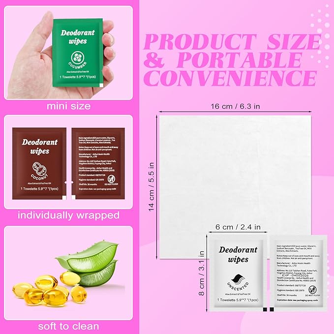 Travel Deodorant Wipes Individually Wrapped,Body Wipes to Clean Skin for Women Men（Lavender,Unscented, Coconut Cucumber,pack of 40)