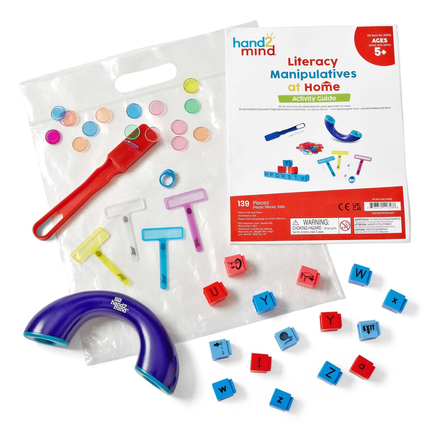 hand2mind Literacy Take Home Manipulatives Kit, Includes FingerFocus Highlighters, Phoneme Phone, Reading Rods Phonemic Awareness Linking Cubes, Magnetic Wand and Chips, Reading Tools (139 Pieces)
