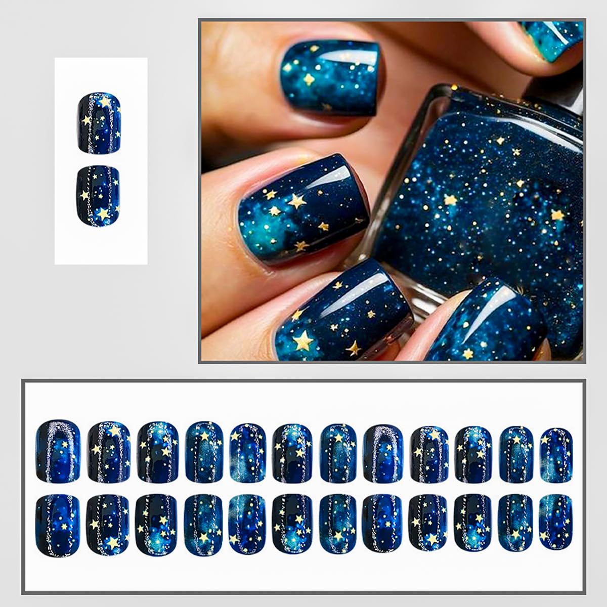 Starry Sky Press on Nails Short Square Dark Blue Fake Nails with Stars Design Reusable Artificial Nails Coffin Shape False Nails Full Cover Glossy Acrylic Nails for Women Manicure 24PCS