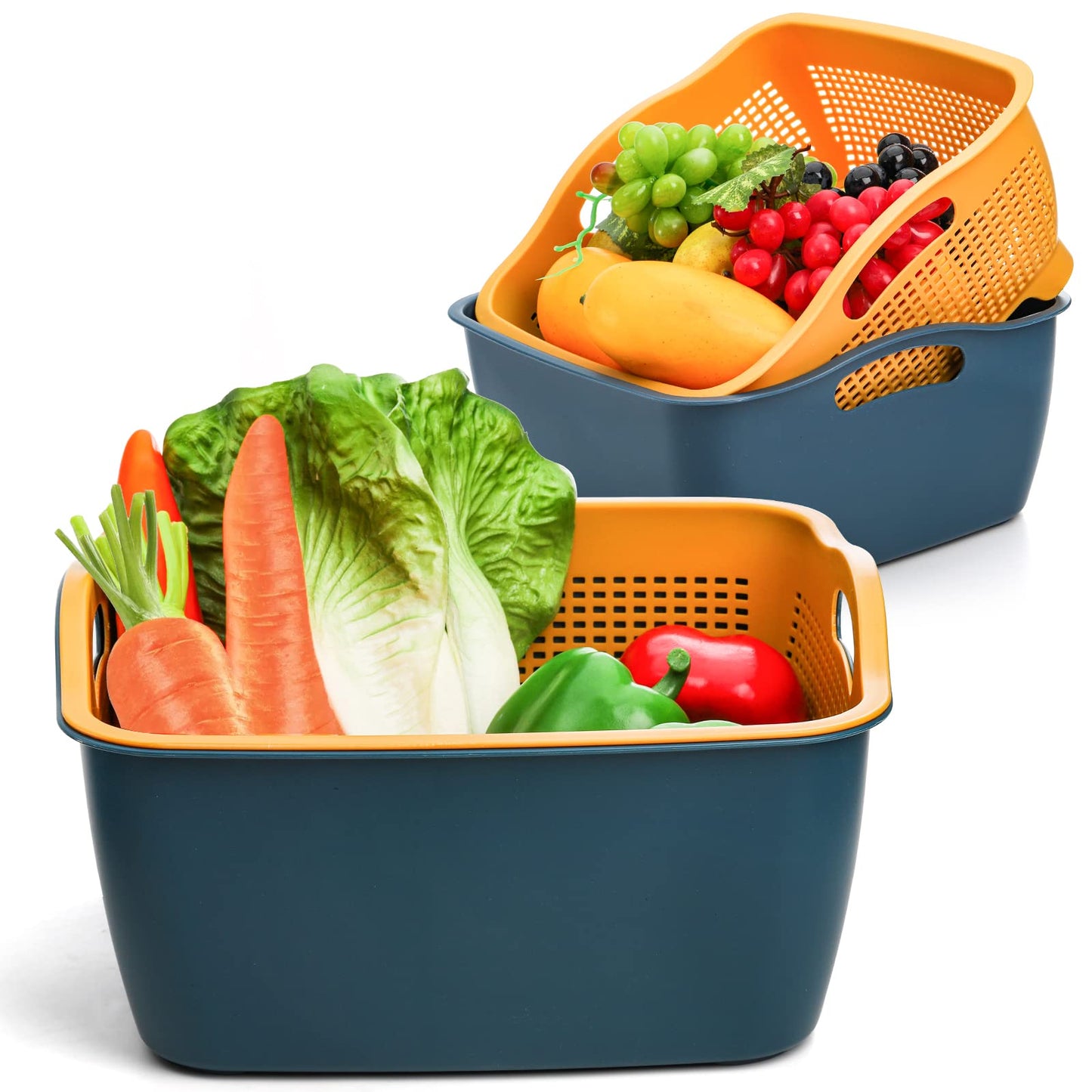 Jucoan 2 Pack 9 & 8 Quart Large Kitchen Strainer Colander Bowl Set, Double-Layer Plastic Fruits Vegetable Washing Basket, Drain Bowls for Cleaning Washing Mixing, Detachable (Blue, Orange)