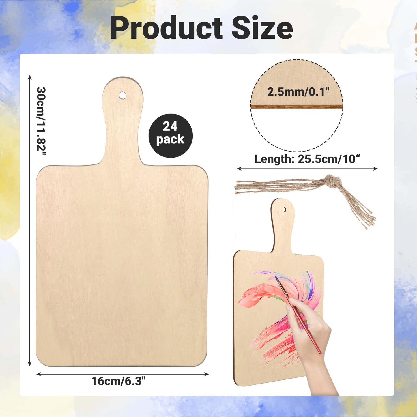 24 Pack Unfinished Wood Cutting Boards with Handles & Natural Rope – DIY Craft Blanks, Mini Charcuterie & Serving Boards for Kitchen, Home Decor