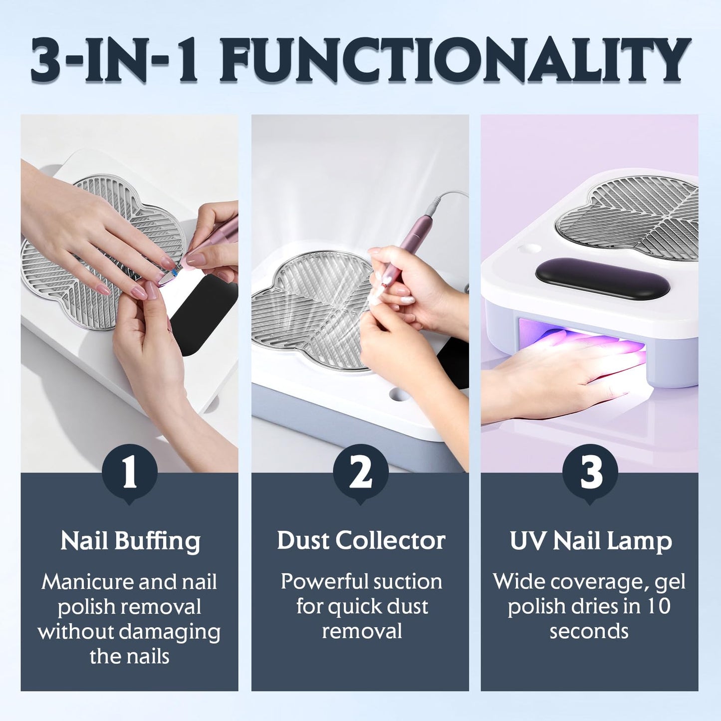 3 in 1 Nail Dust Collector with Drill Lamp Professional,40000RPM Electric Nail Drill Bits Efile Kit with Stepless Speed Control,Nail Dust Vacuum High Suction for Home Salon,Grey