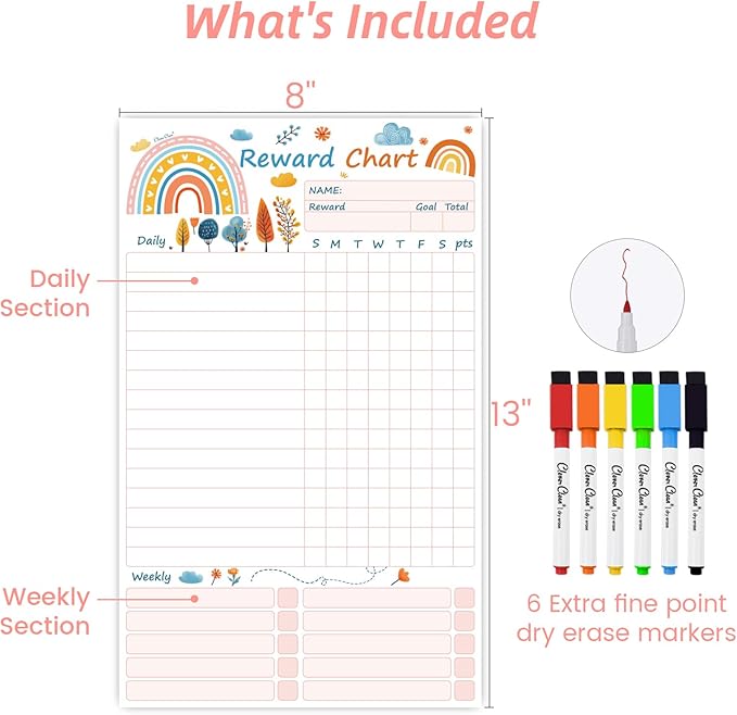 Clever Clean Dry Erase Chore Chart for Kids, Reusable Reward Chart, Non-Magnetic Kids Chore Board Clings to Any Smooth Surfaces, 6 Dry Erase Markers Included (Rainbow)