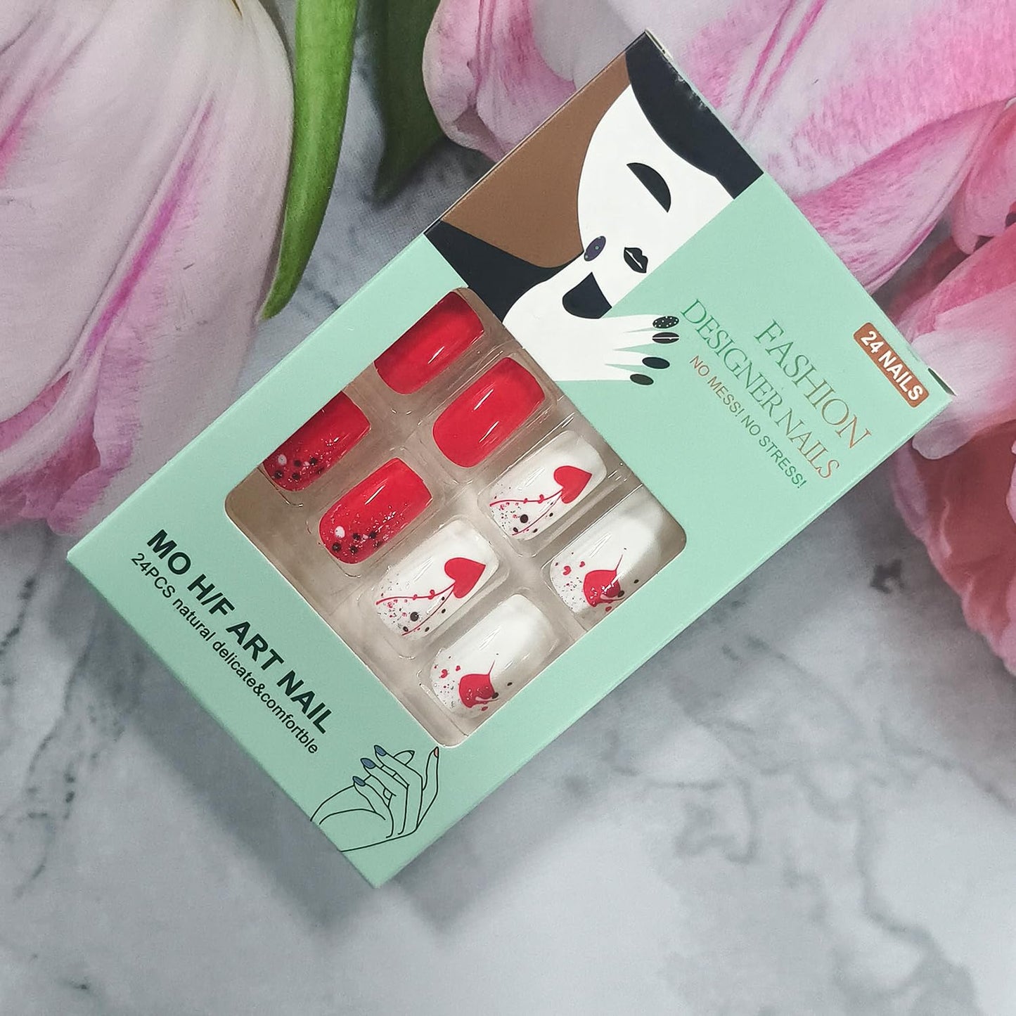 Heart Press on Nails Short Square Artificial Acrylic Fake Nails Red Love with Red Lines Design Valentines Artificial Fingernails Full Cover Glossy Glitter Stick on Nail for Women Festival Manicure