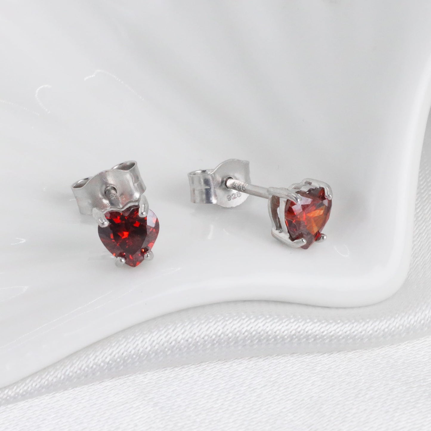 Belinda Jewelz - Heart Stud Earrings, 5mm Cubic Zirconia Heart Earrings with Prong Setting, 925 Sterling Silver Earrings Studs, Garnet Red Stud Earrings for Women