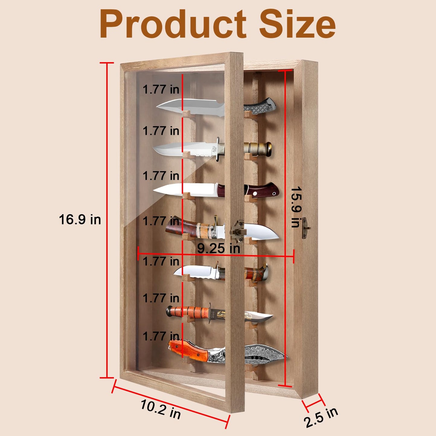 Triceratops Knife Display Case with Lockable Clear Acrylic Door, Wall Mount Wooden Knife Display Stand, Pocket Knife Display Cases for Storage, Collection, Holds up to 7 Knifes(Brown)