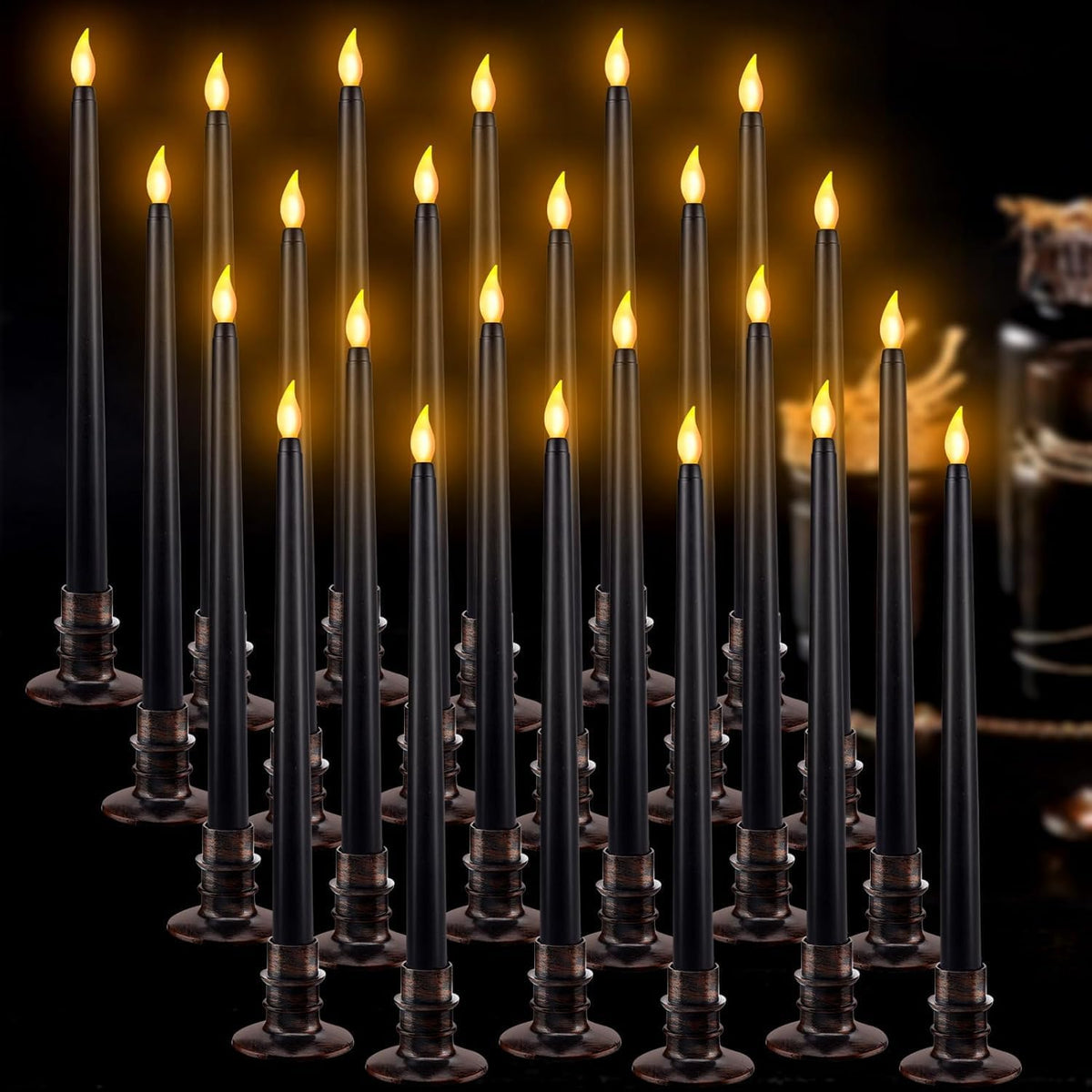 Alphatool 24 Pcs Halloween Black LED Flameless Candles with Bases - Flicker Flame, Tall Taper Smokeless Dripless Candles, Decor for Fireplace Diningtable Bar School